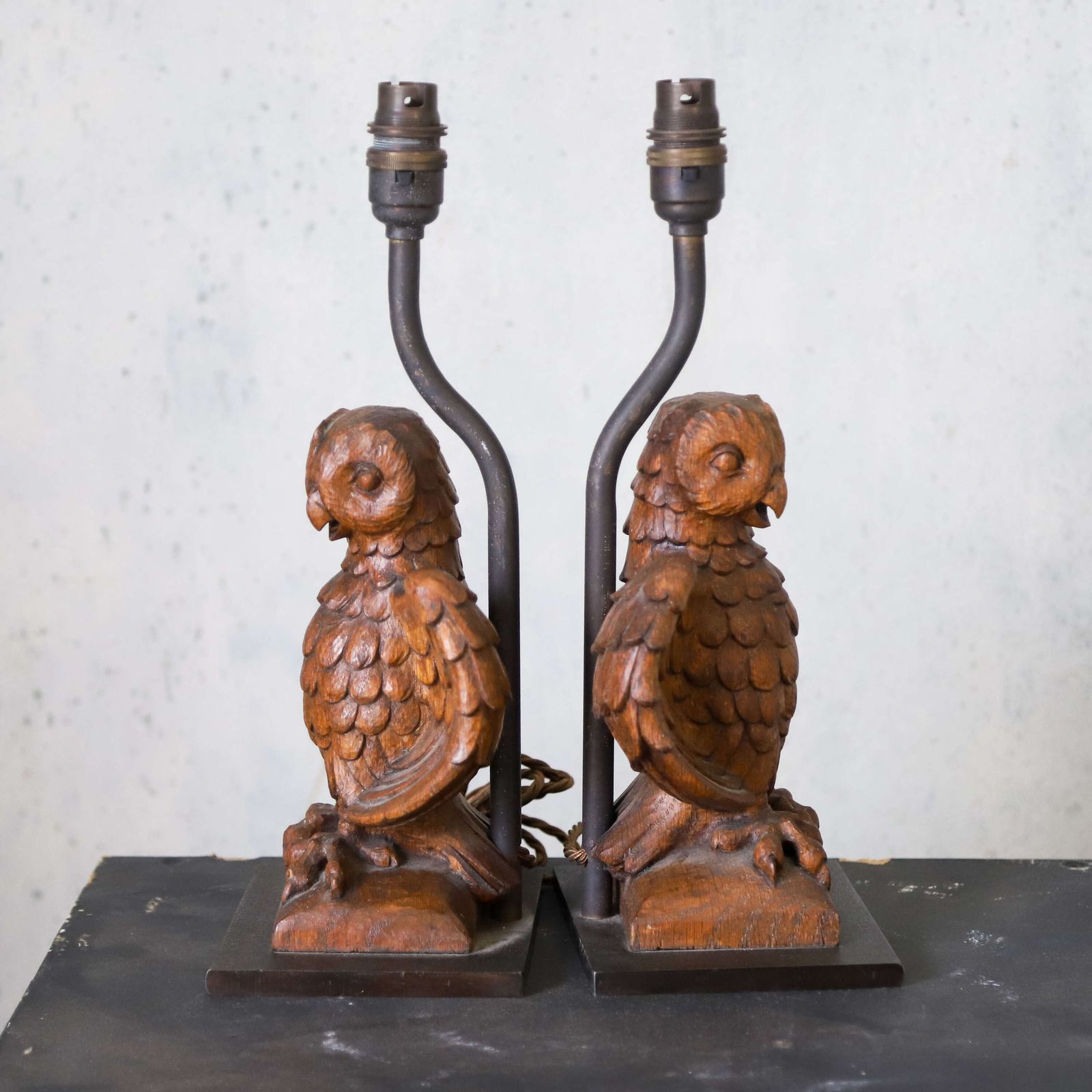 Pair Of Carved Wooden Owl Lamps photo buy
