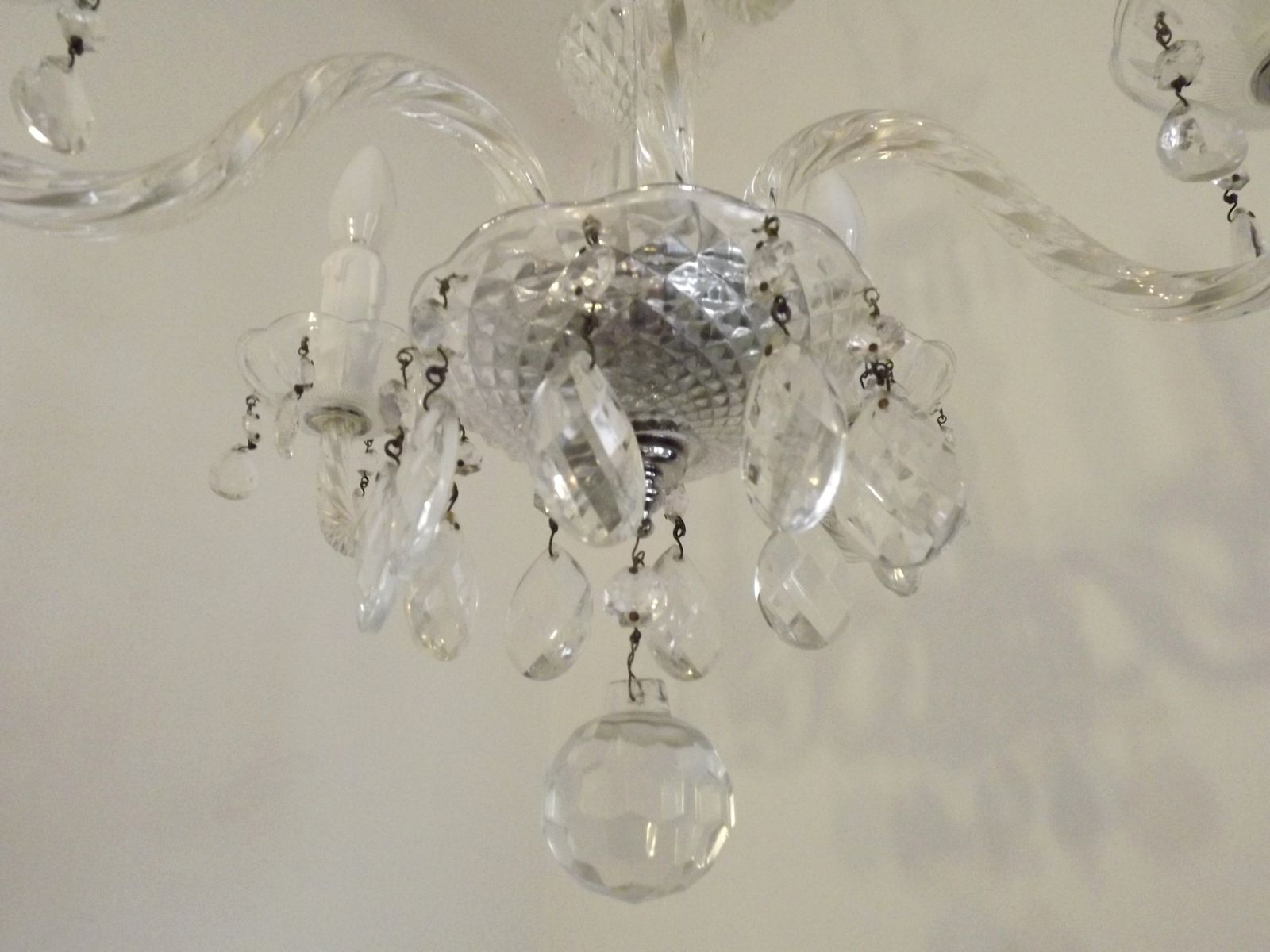 photo for sale French Vintage 5 Light Chandelier With Barley Twist Glass Arms Adorned With Assorted Crystals