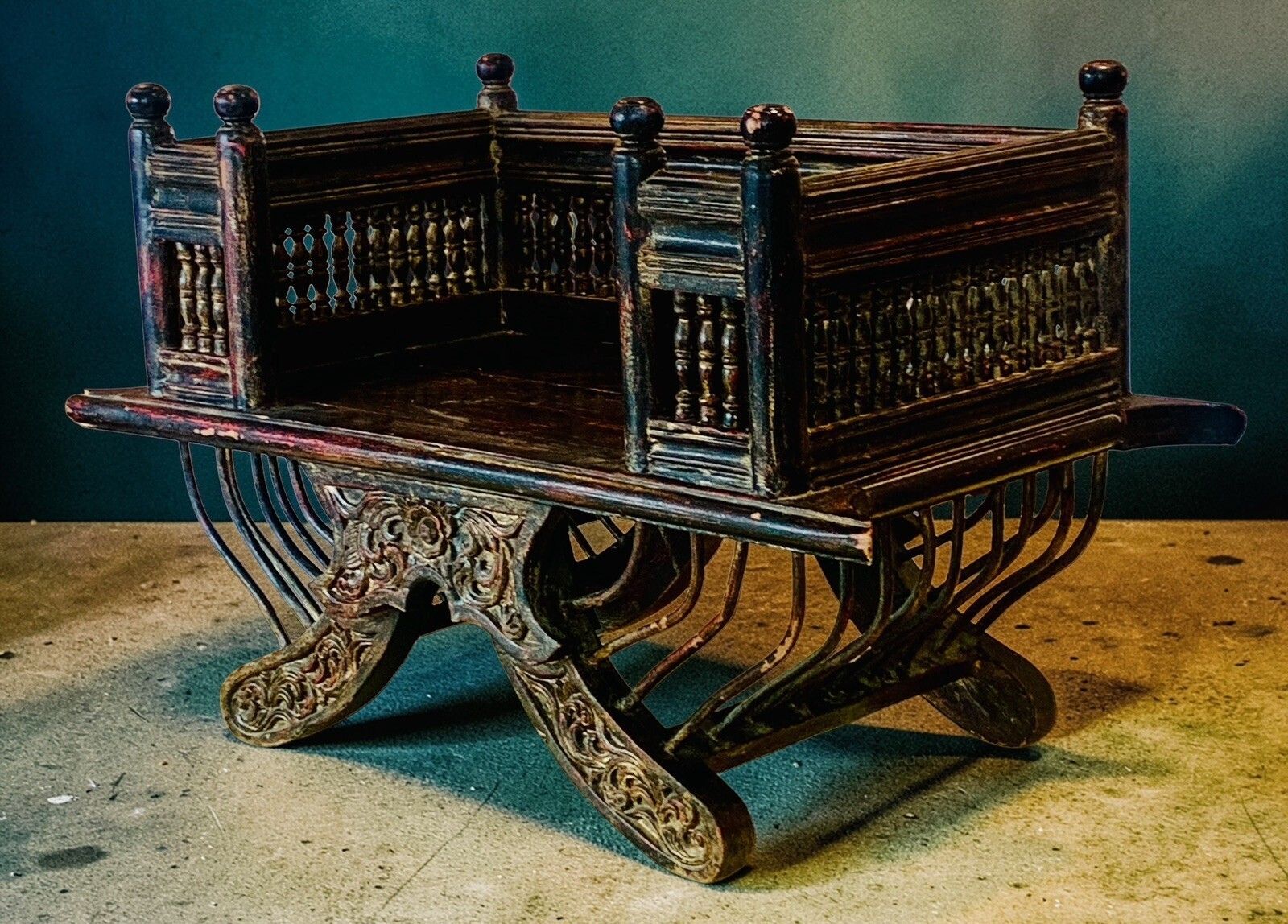 Rare 19th Century Burmese "Single Rider" Howdah Carved Lacquered Teak Elephant Seat Saddle Chair