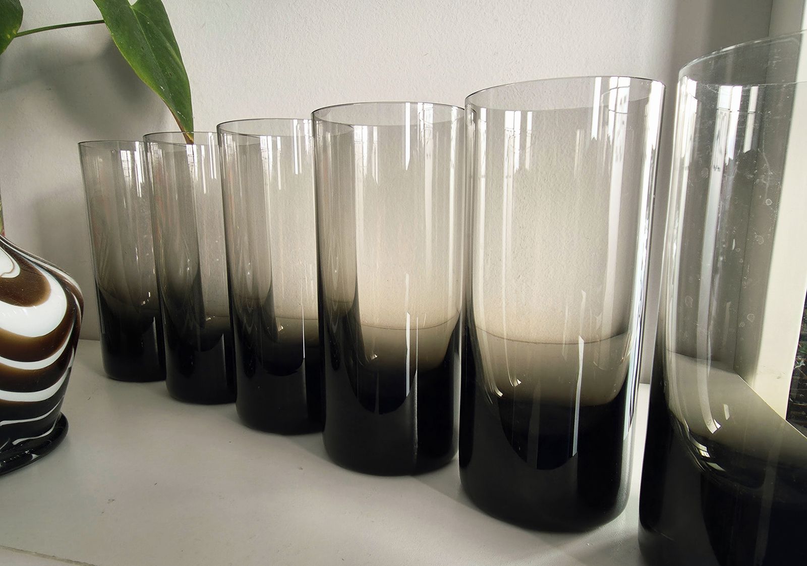 Set Of 6 Mid Century Smoked Crystal Glass Highball Tumblers With Weighted Bases