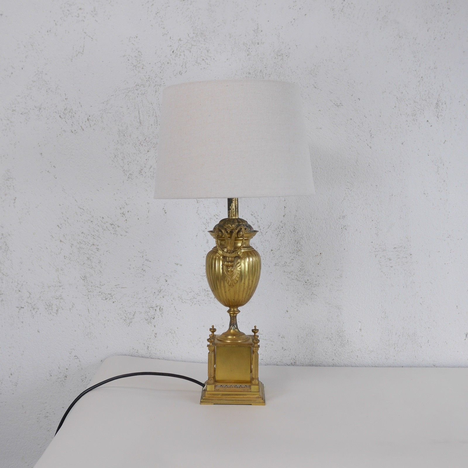Brass Neoclassical Urn Table Light Lamp Vintage Antique Enamel Shade #103002 photo Lighting