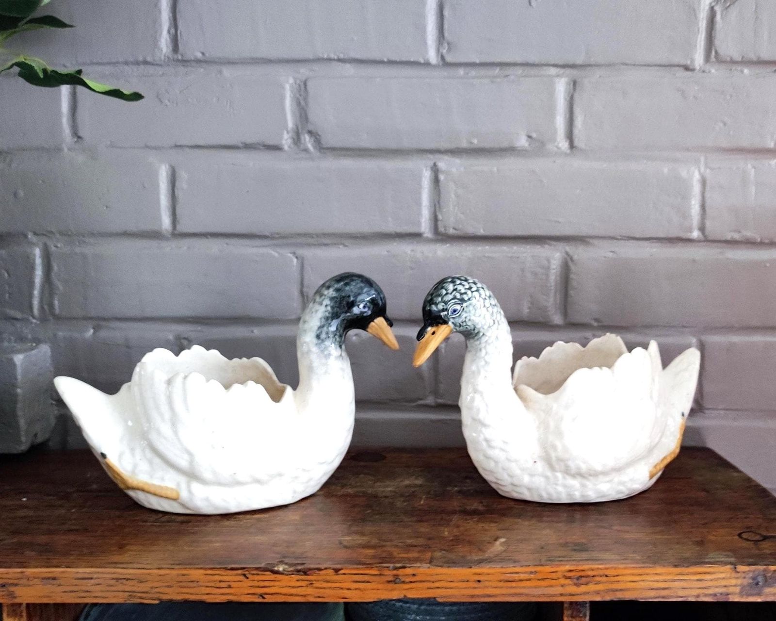Antique Majolica White Swan Vases Pair, 1900s Nimy
