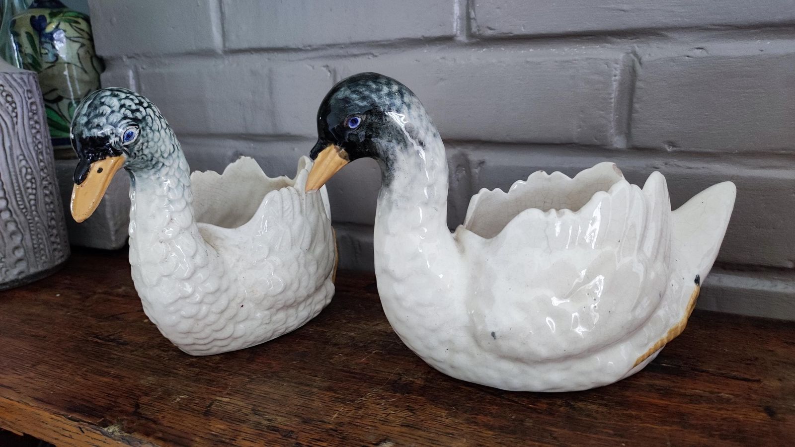 Antique Majolica White Swan Vases Pair, 1900s Nimy photo for sale