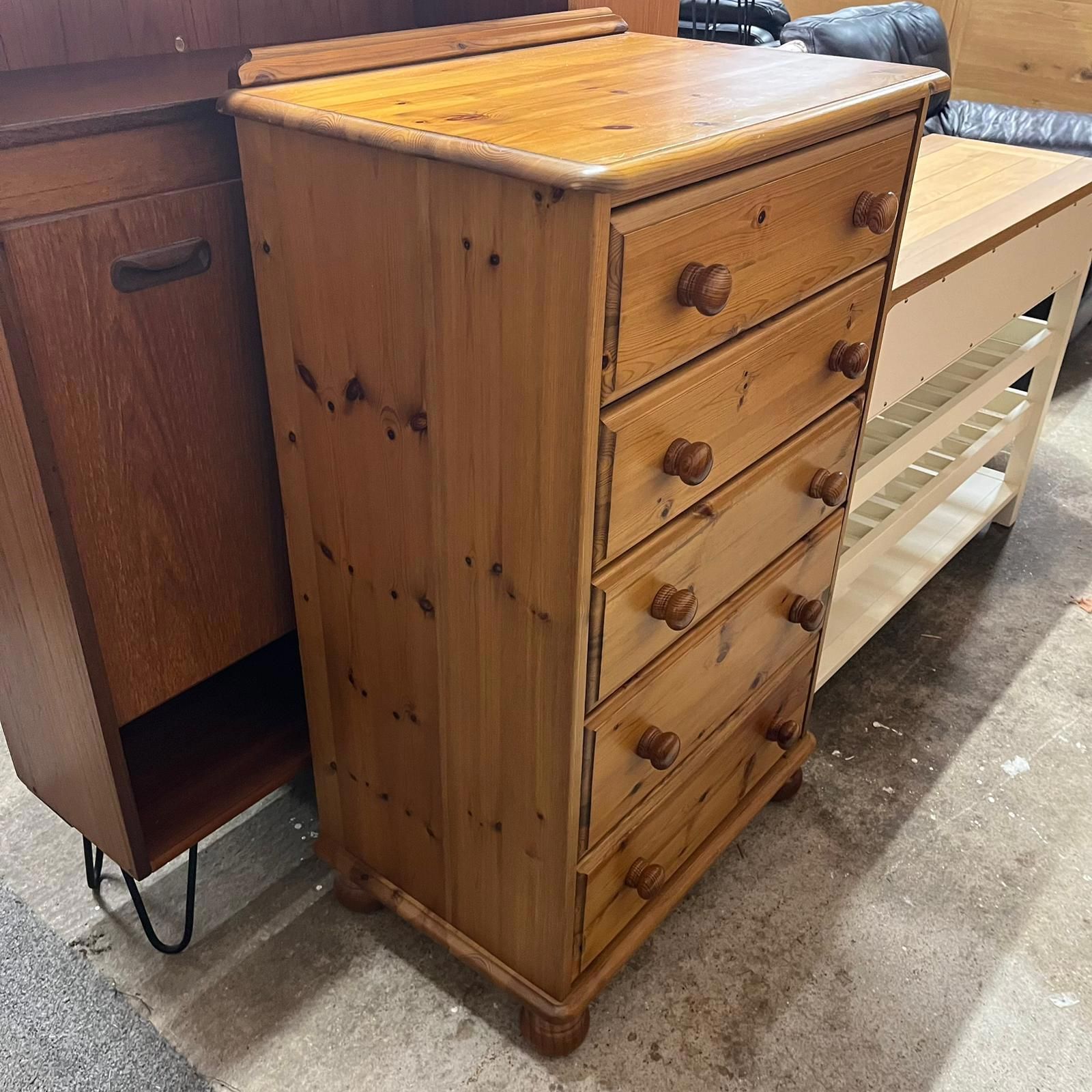Pine Chest Of 5 Drawers Knob Handles Ball Feet Gallery photo furniture
