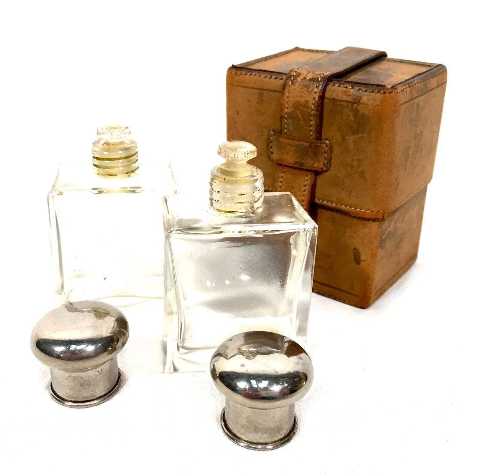 photo furniture Antique Glass Fragrance / Perfume Scent Bottles In Travel Case C.1930