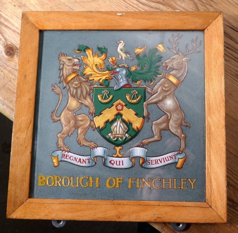 Heraldic Crest Framed & Painted On Slate From Borough Of Finchley