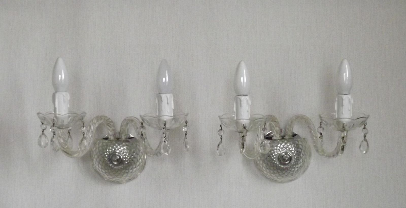 Pair French Vintage Double Crystal Wall Lights With Barley Twist Glass Arms photo furniture