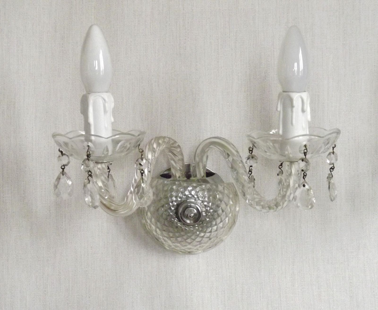 Pair French Vintage Double Crystal Wall Lights With Barley Twist Glass Arms photo for sale
