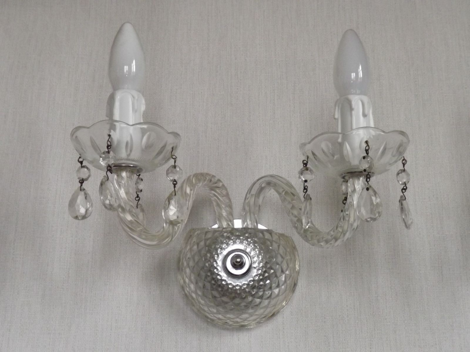 Pair French Vintage Double Crystal Wall Lights With Barley Twist Glass Arms photo vinterior