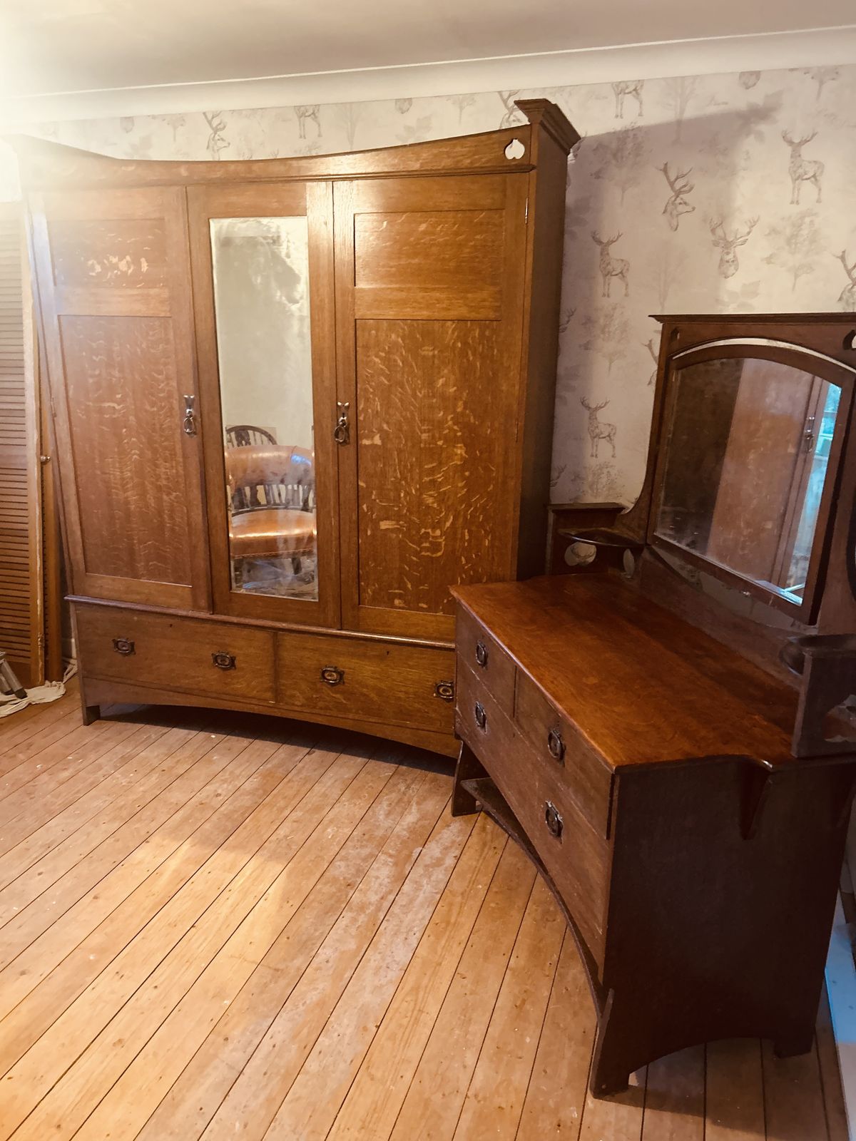 Gillow's Art Nouveau Oak Triple  Wardrobe