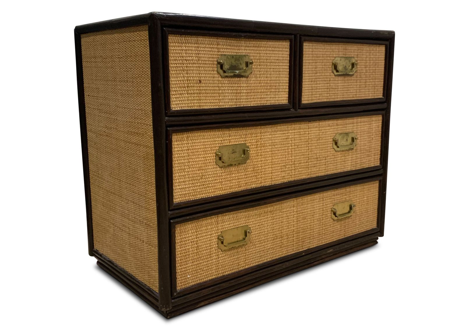 Furniture Mid Century Organic Chest Of Drawers Rattan, Ebonised Wood With Brass Handles photo