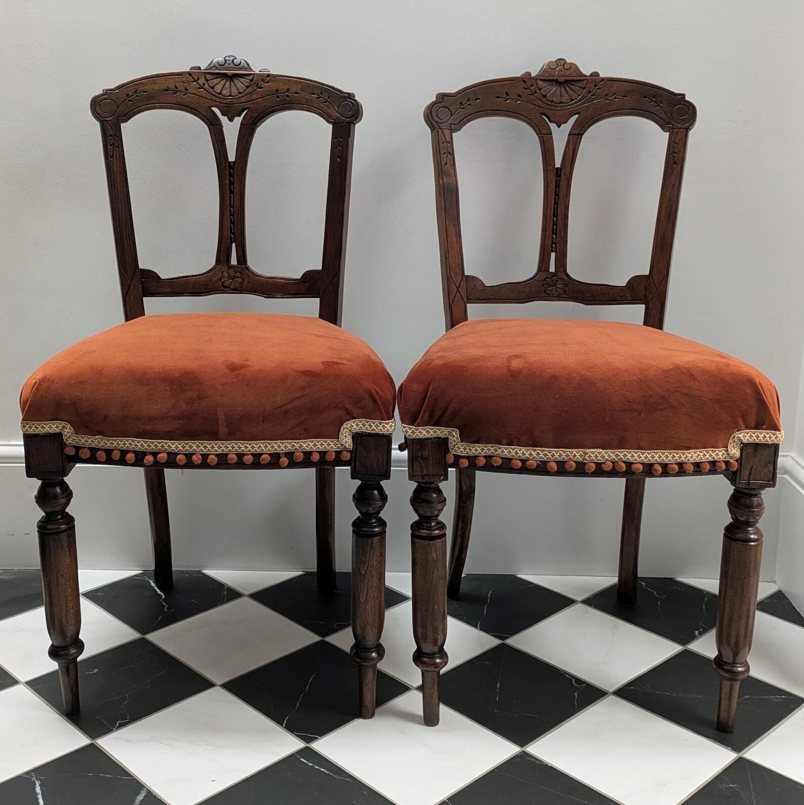 Pair Of Antique Victorian Shield Back Accent Chairs Reupholstered In Burnt Orange Velvet With Pom Pom Trim photo Furniture