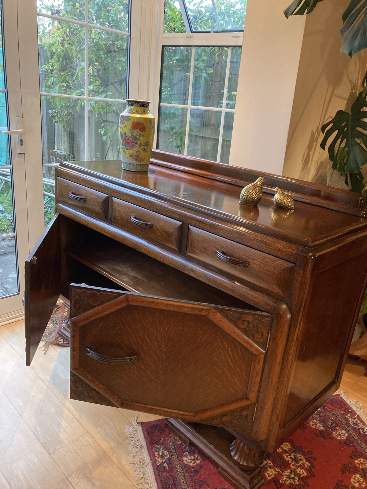 Art Deco 1940’s Mid Oak Sideboard  Geometric Doors With Bulbous Ornate Legs photo furniture