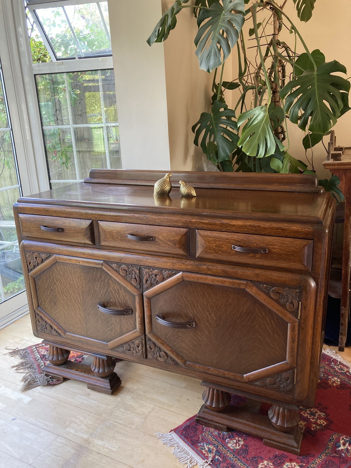 photo for sale Art Deco 1940’s Mid Oak Sideboard  Geometric Doors With Bulbous Ornate Legs