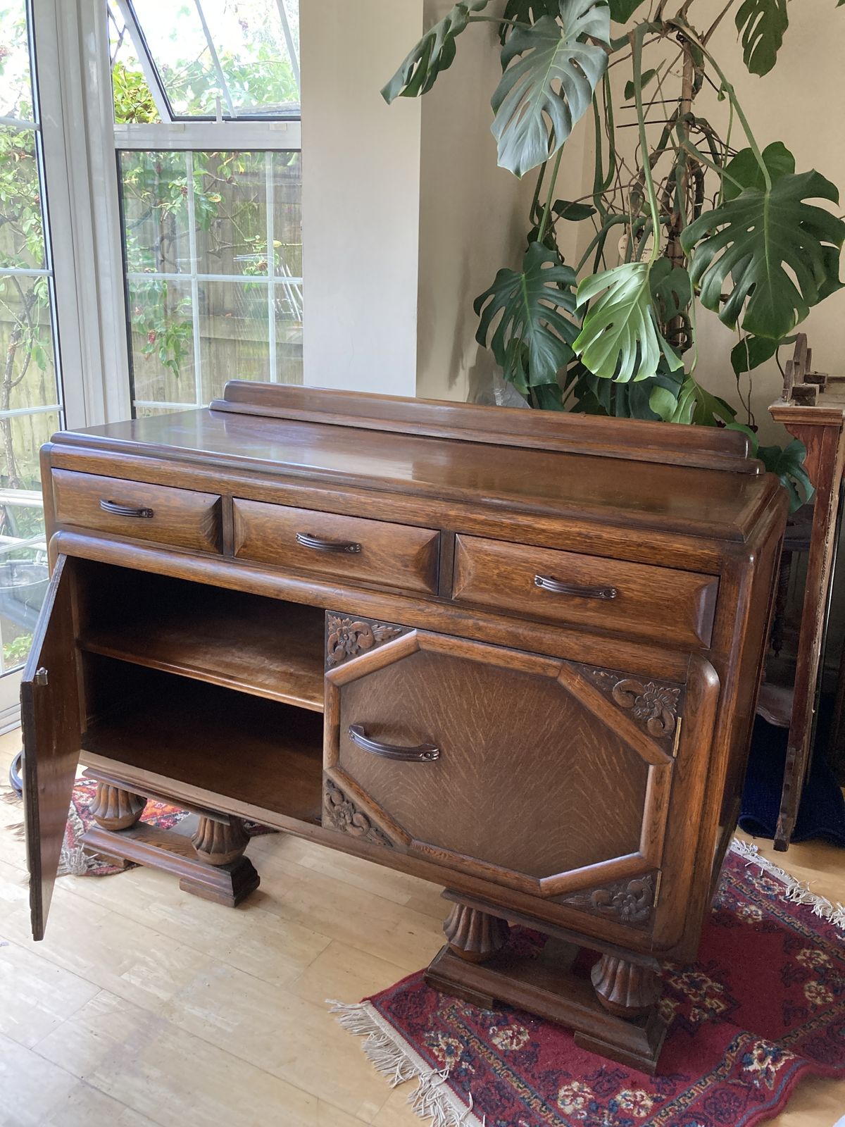 Furniture Art Deco 1940’s Mid Oak Sideboard  Geometric Doors With Bulbous Ornate Legs photo