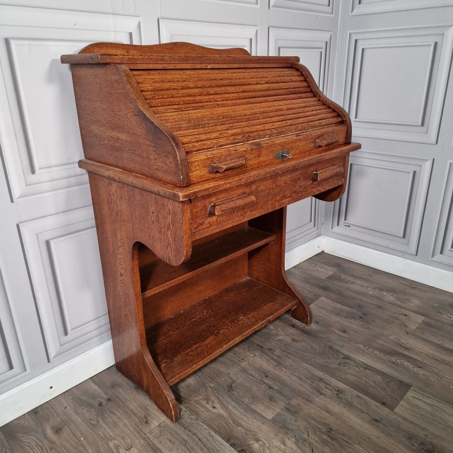 Antique Roll Top Desk Edwardian Oak Bureau With Tambour Door Single Drawers