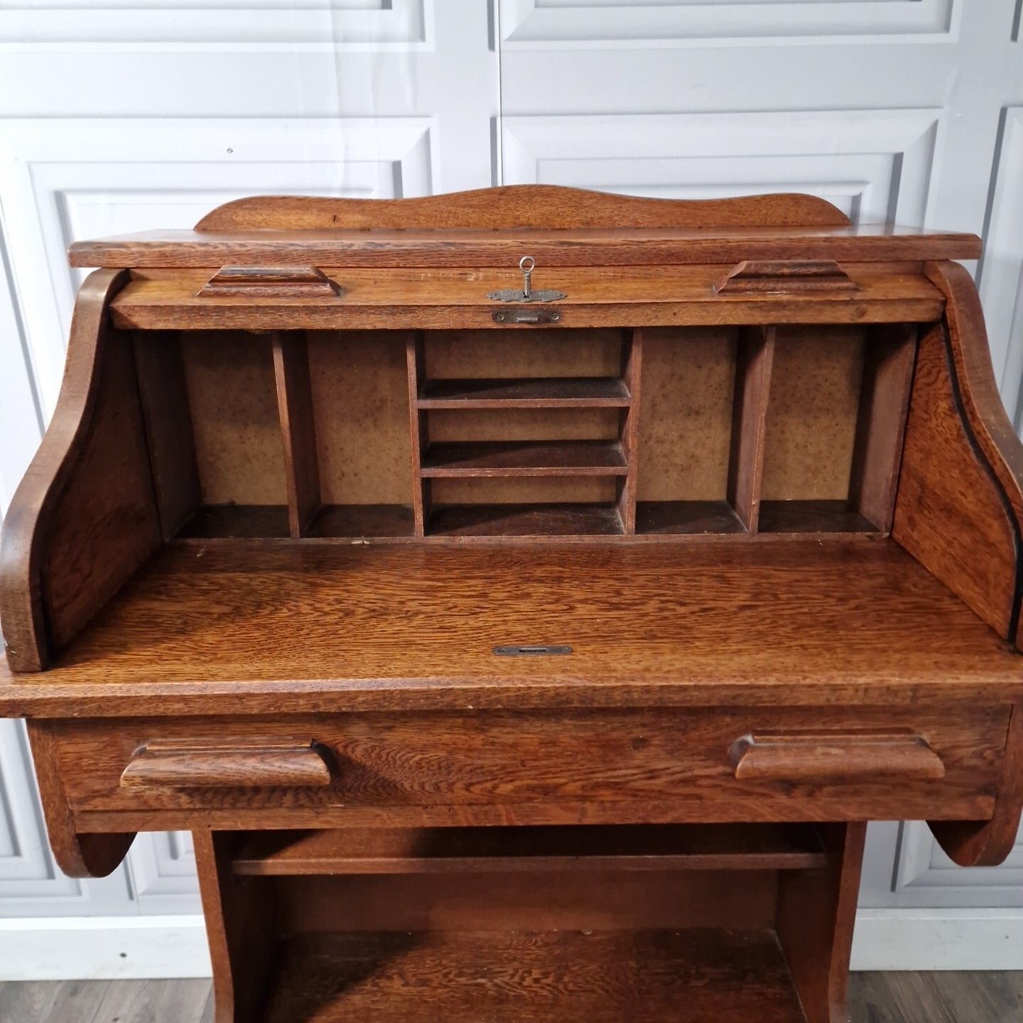 photo for sale Antique Roll Top Desk Edwardian Oak Bureau With Tambour Door Single Drawers