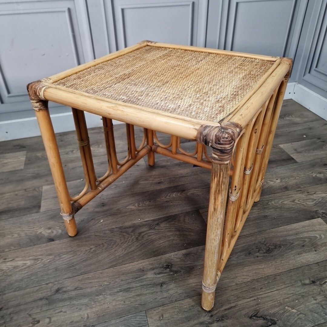 Vintage Rattan Side Tables – Nest Of 3 – Bamboo & Cane Woven Tops – Boho Coast photo buy