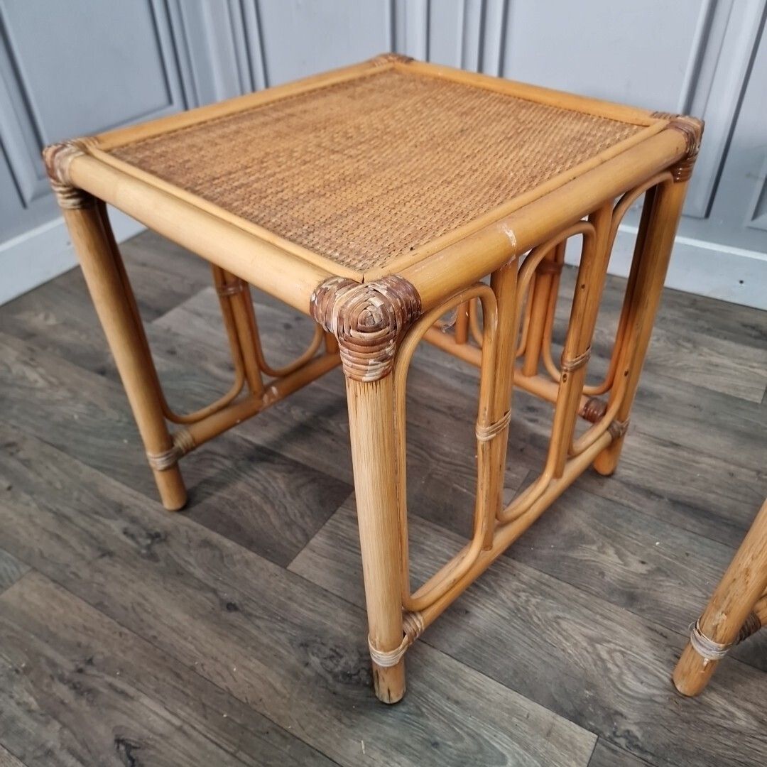 Vintage Rattan Side Tables – Nest Of 3 – Bamboo & Cane Woven Tops – Boho Coast photo vintage