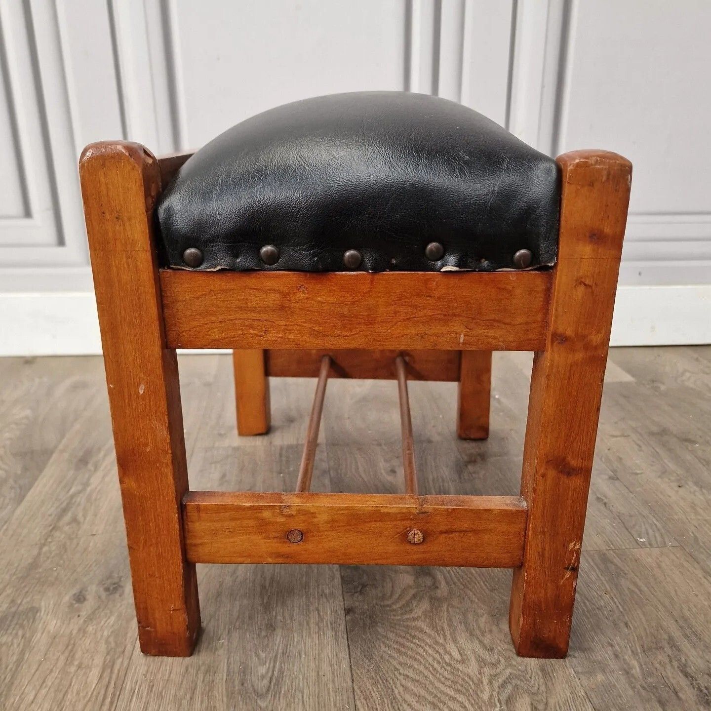 Furniture Retro Vinyl Foot Stool Vintage Solid Wooden Faux Leather Antique Art Deco photo