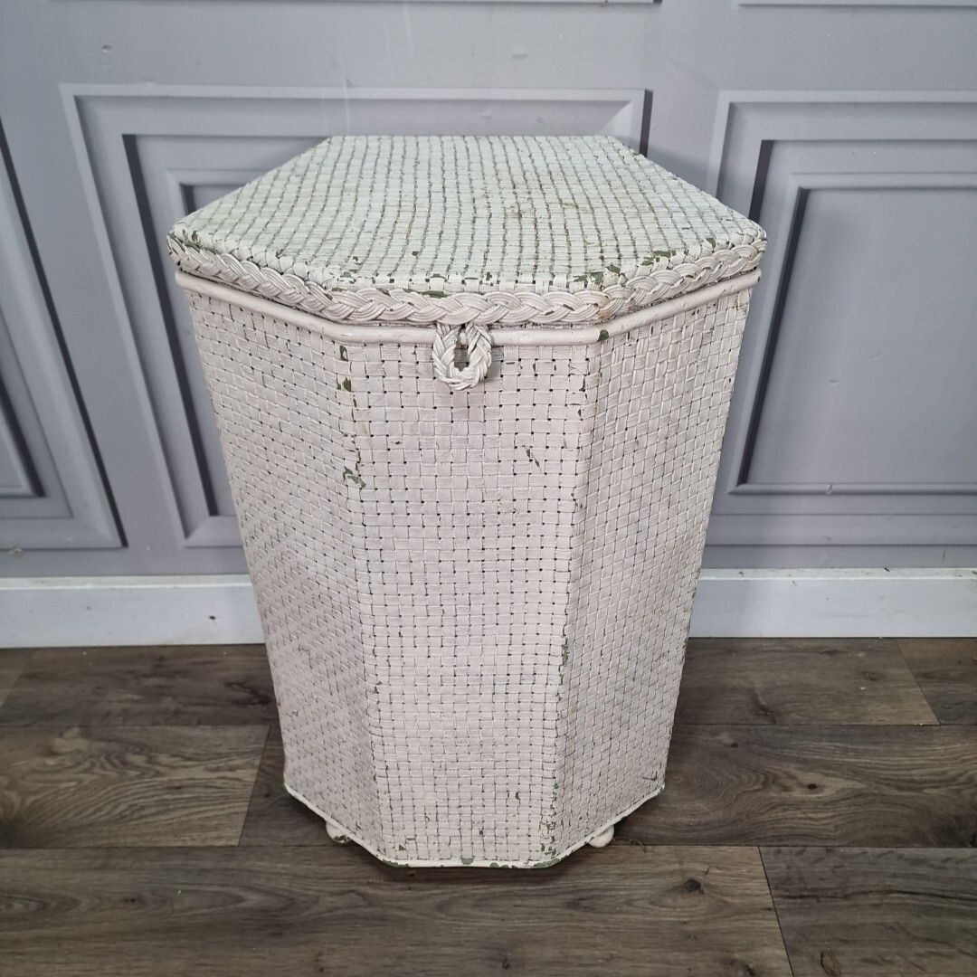 Retro Linen Storage Ottoman Vintage Hexagonal Lloyd Loom Trunk Blanket Box photo Furniture