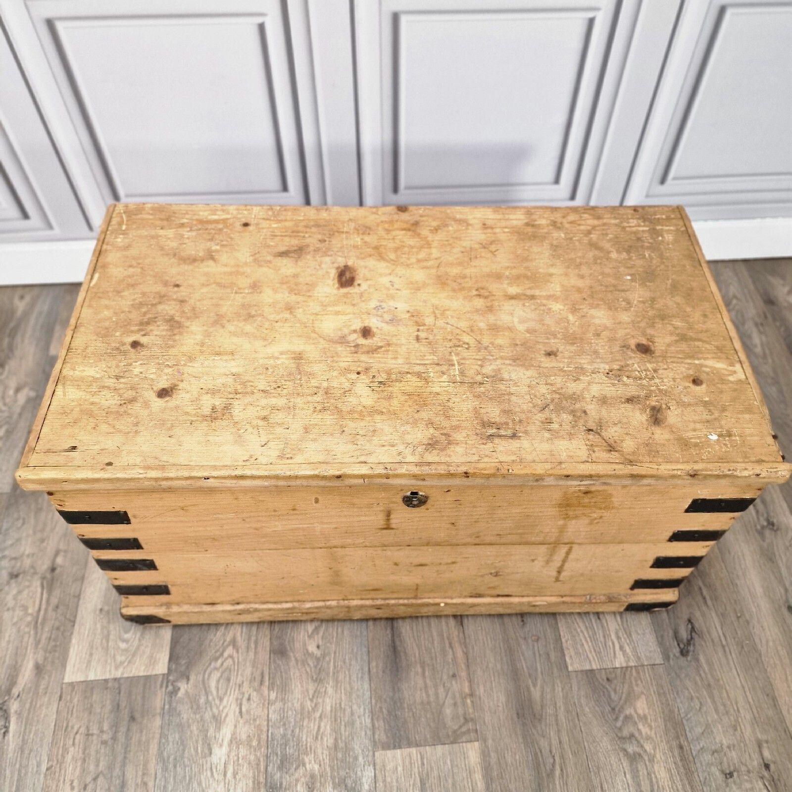Antique Pine Trunk Chest Victorian Solid Wood Old Blanket Box Coffee Table photo vintage