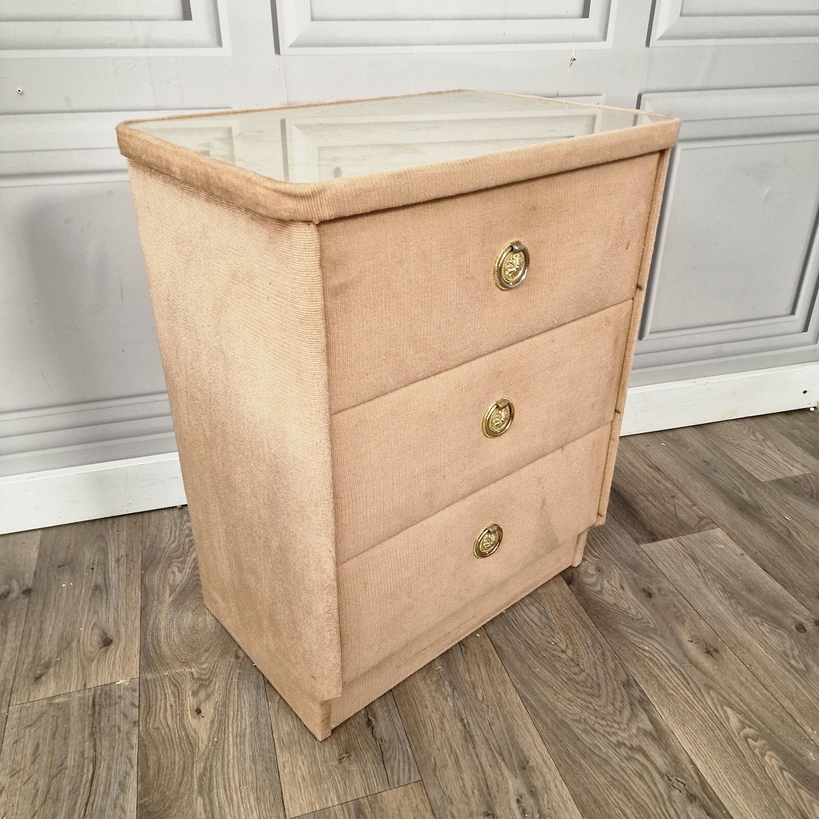 Vintage Bedside Drawers  Retro Velvet Fabric Side Table Cabinets Mid Century photo furniture