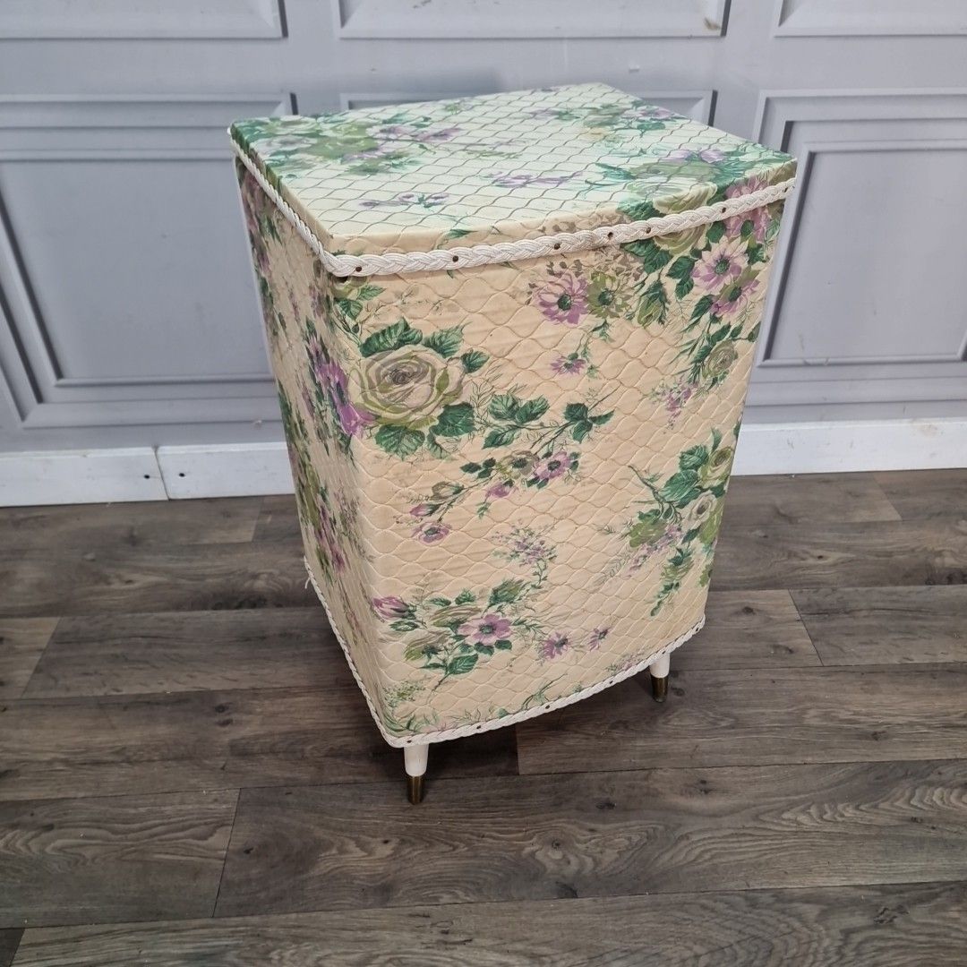 Vintage Floral Laundry Basket – Quilted Vinyl – Retro Linen Basket – Storage Box photo furniture