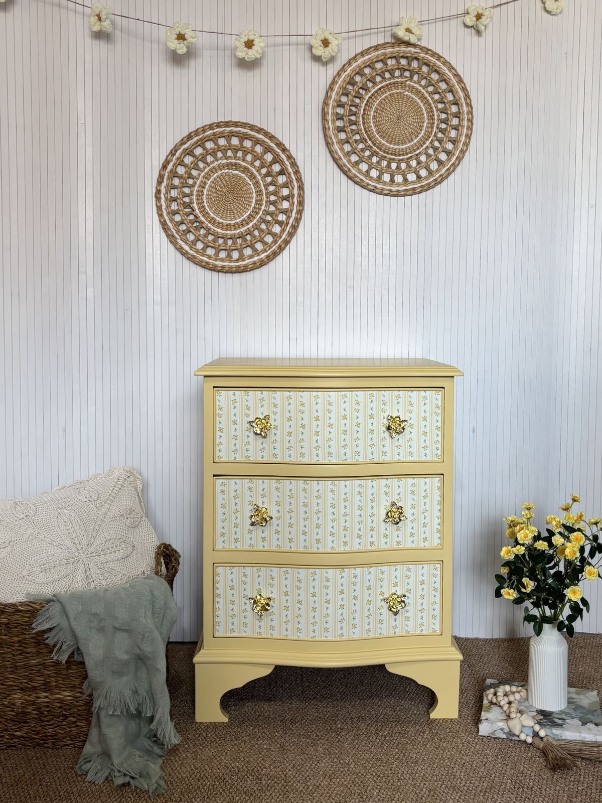 Upcycled Small Chest Of Drawers In Butter Yellow With Floral Drawers And Gold Rose Pulls photo furniture
