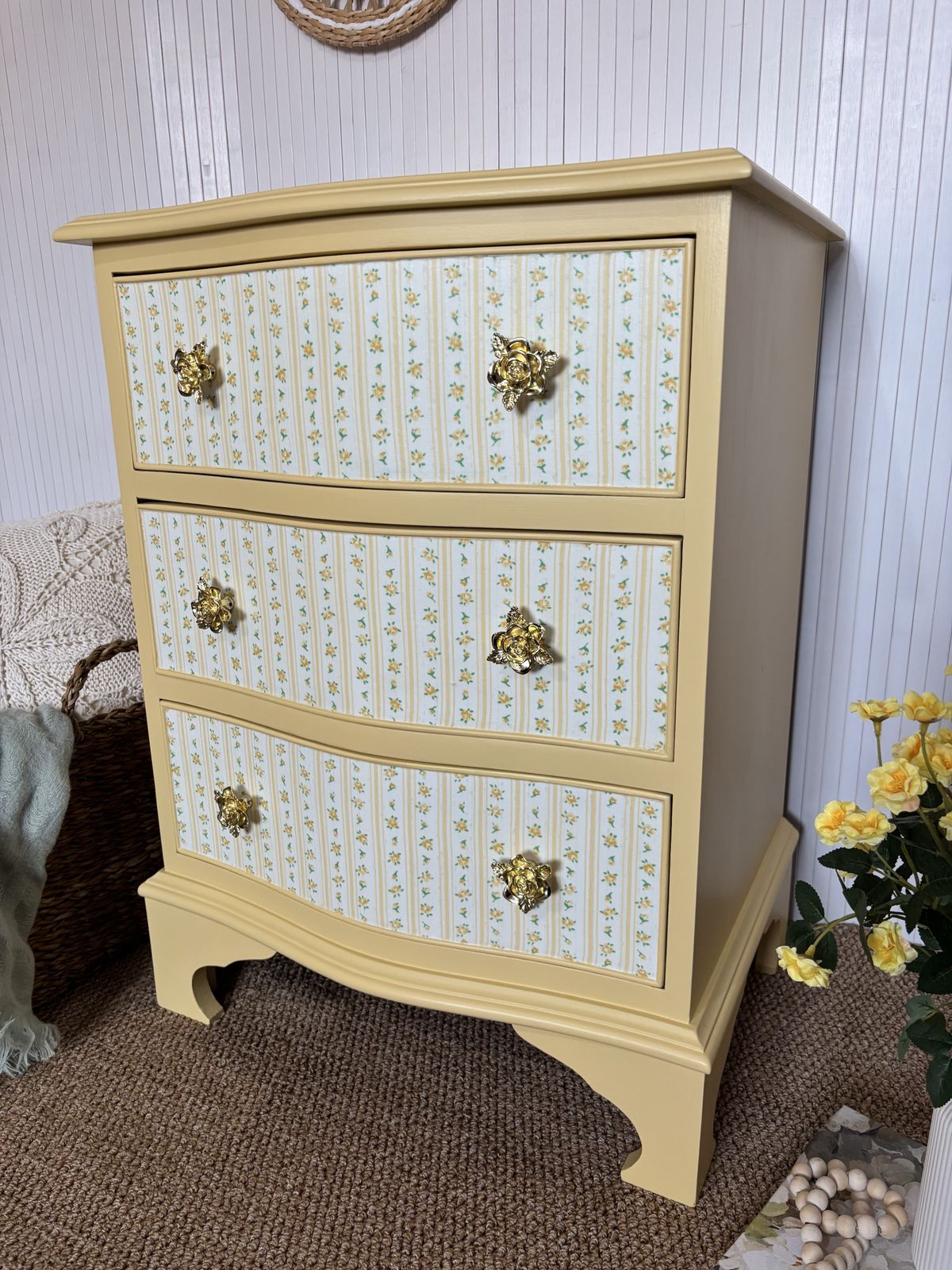 Upcycled Small Chest Of Drawers In Butter Yellow With Floral Drawers And Gold Rose Pulls photo vinterior