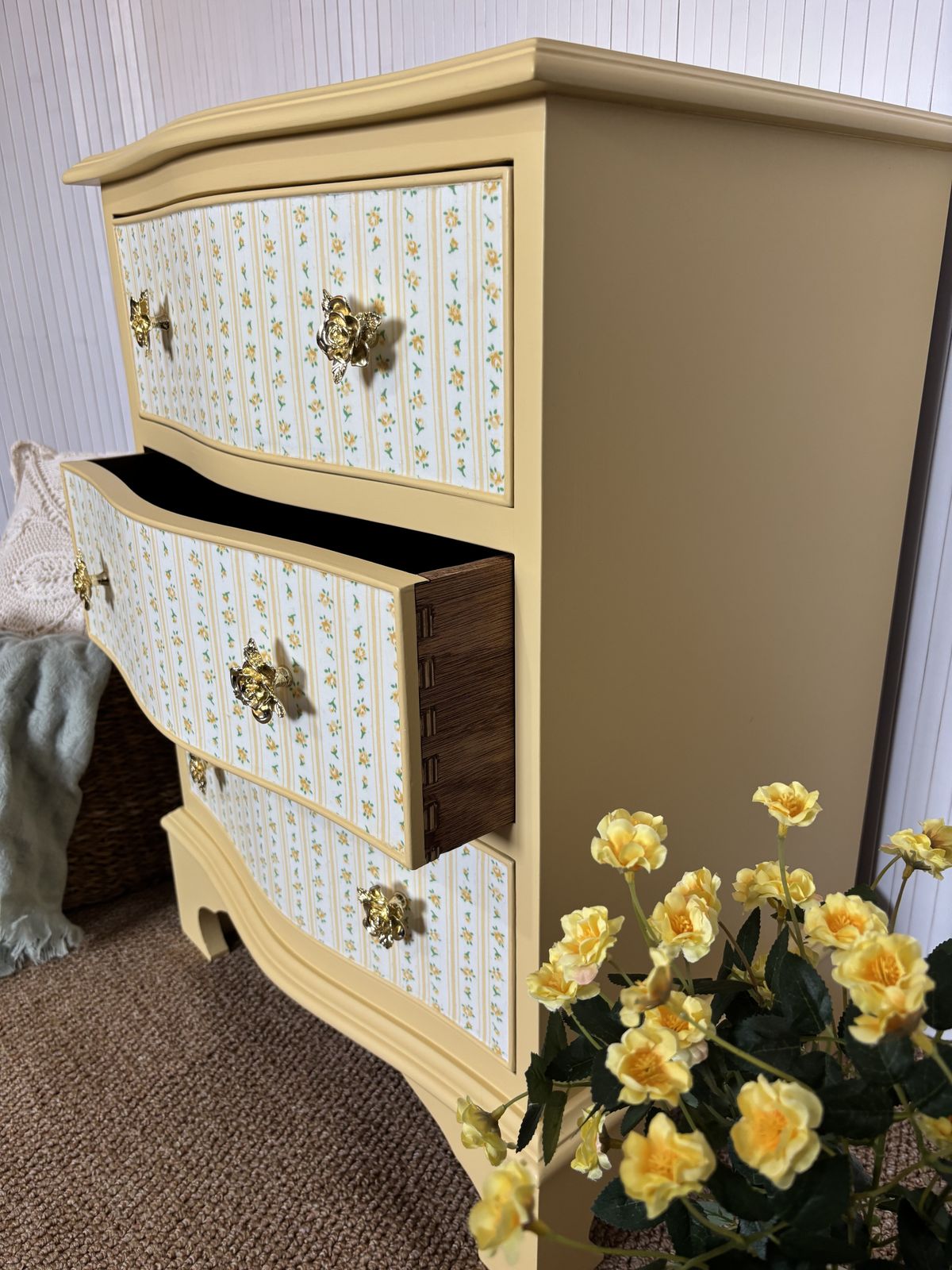 Upcycled Small Chest Of Drawers In Butter Yellow With Floral Drawers And Gold Rose Pulls photo buy