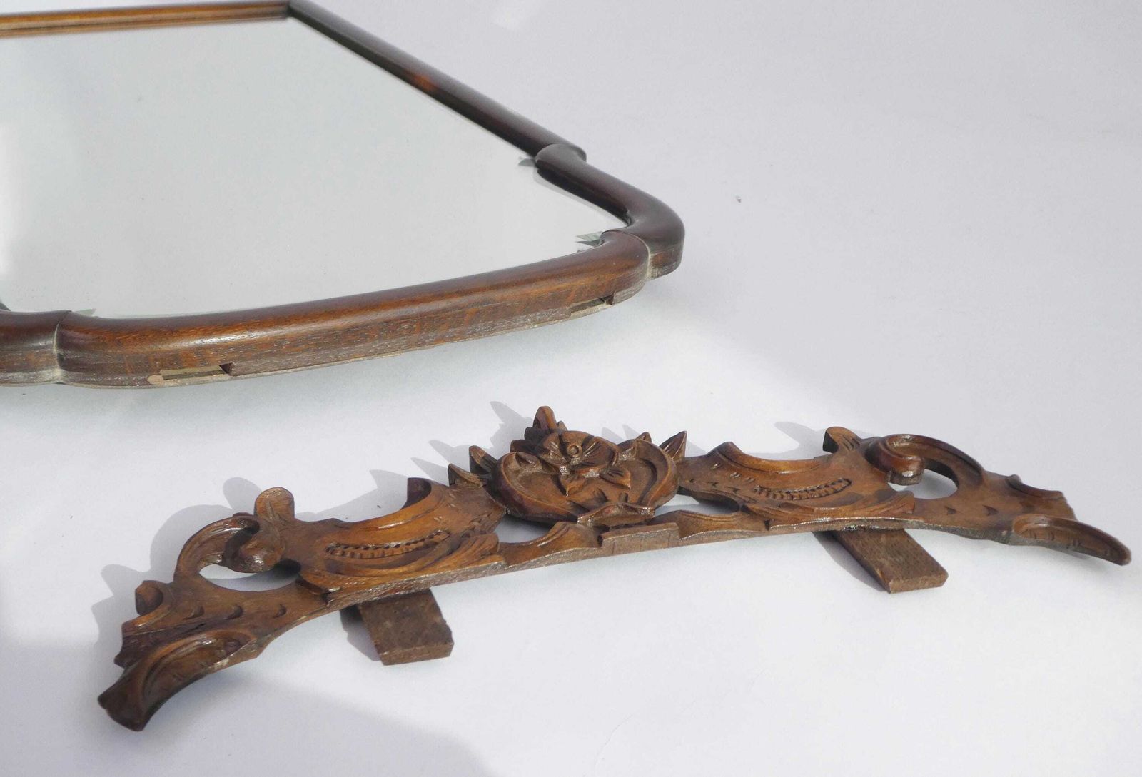 photo for sale Antique Early 19th Century Scalloped Wall Mirror, Floral Carved Ornament, Dutch Farmhouse