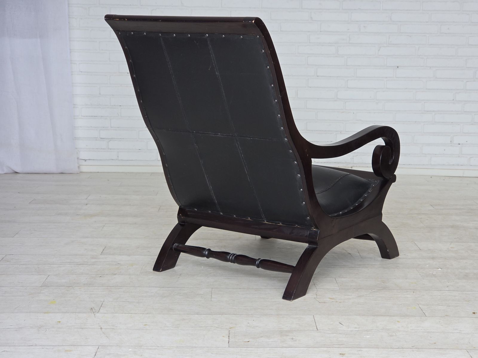 photo buy 1970s, Vintage Armchair With Footstool, Black Furniture Leather.