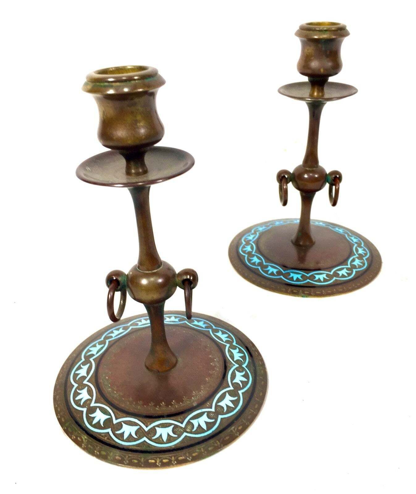 Antique Pair Of Brass Art Nouveau Candle Stick Holders / Decorative Blue Inlay