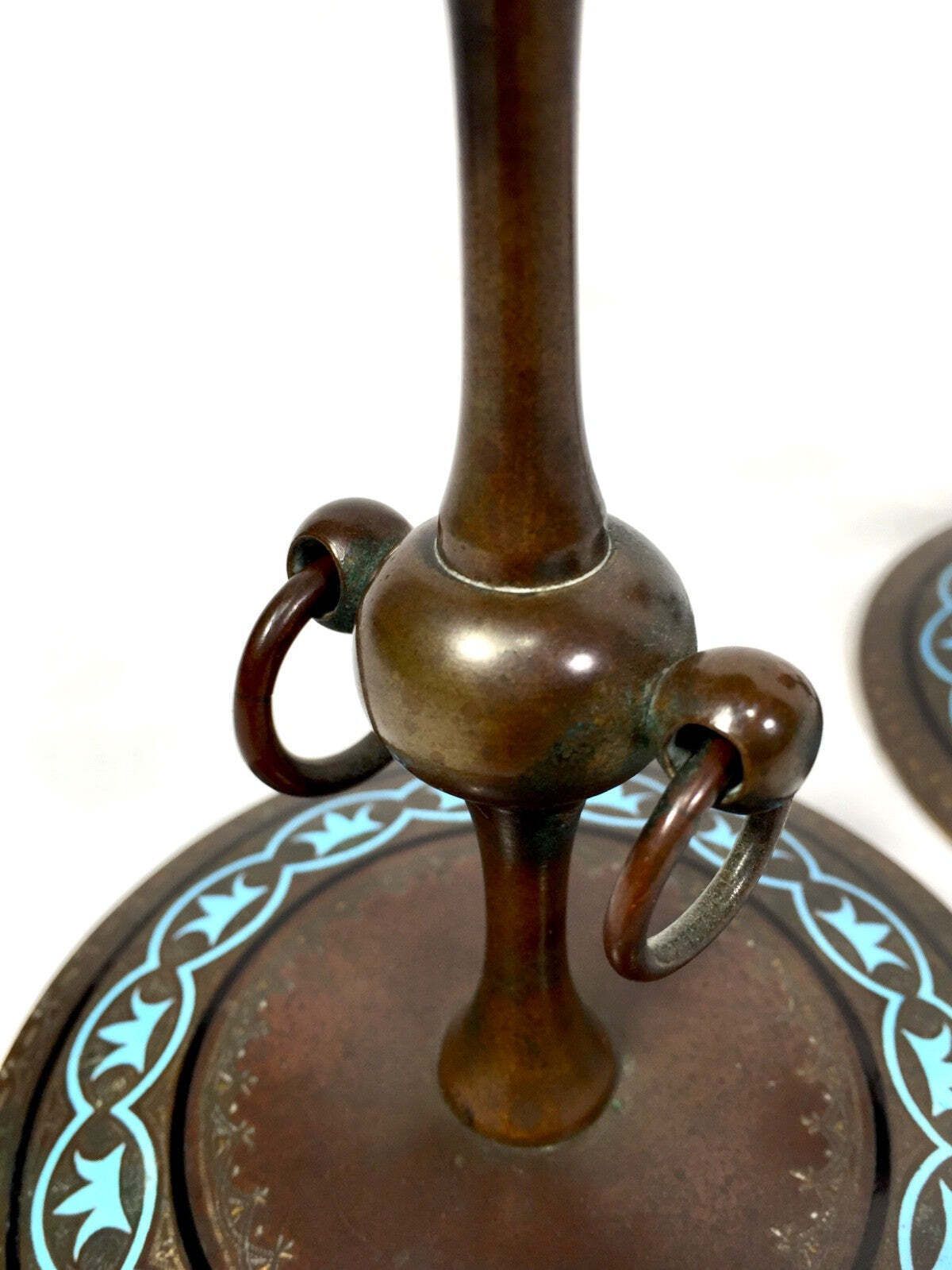 Antique Pair Of Brass Art Nouveau Candle Stick Holders / Decorative Blue Inlay photo vintage