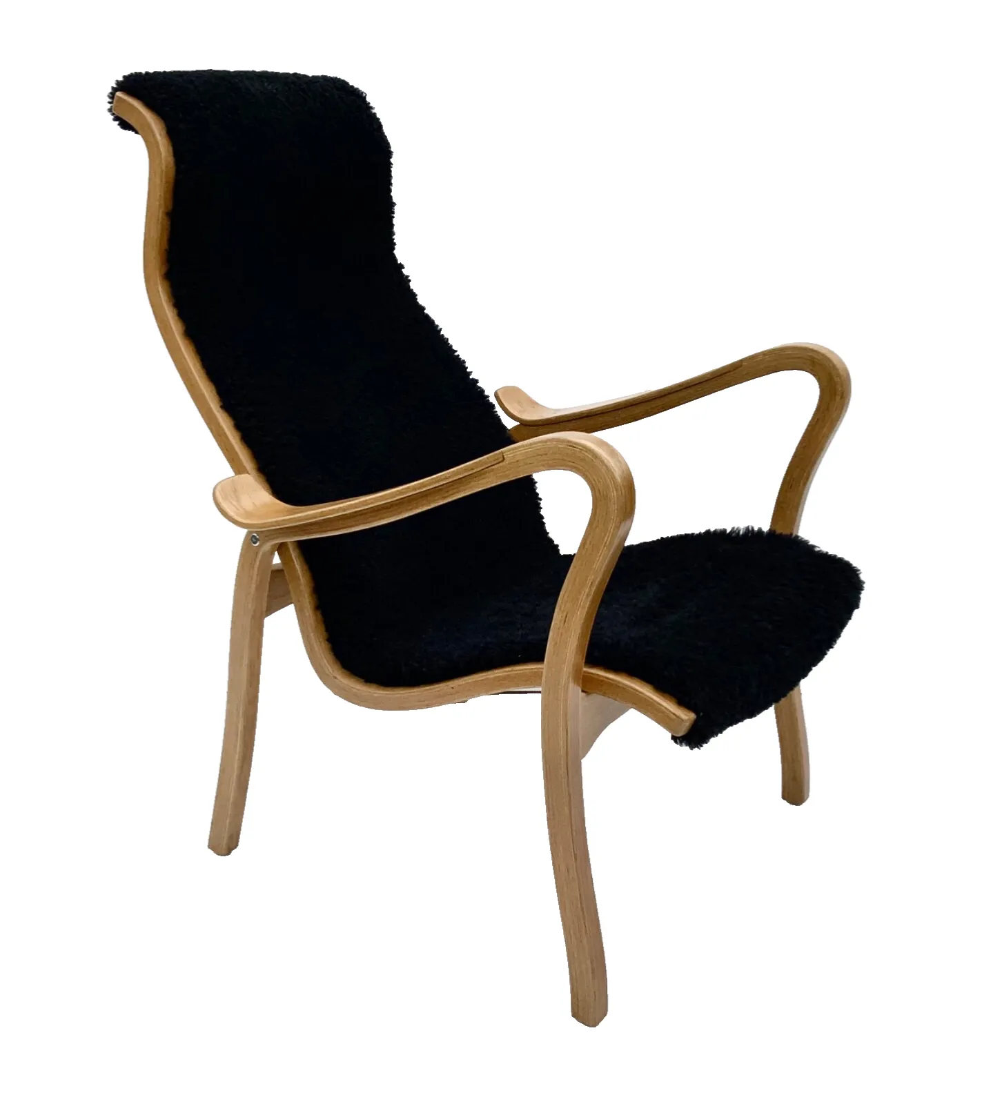 Vintage G.A. Berg “Torparen” Armchair, Oak, Black Sheepskin, With Ottoman 1960s photo buy