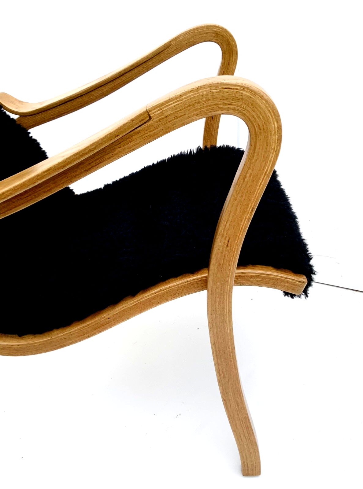 photo furniture Vintage G.A. Berg “Torparen” Armchair, Oak, Black Sheepskin, With Ottoman 1960s