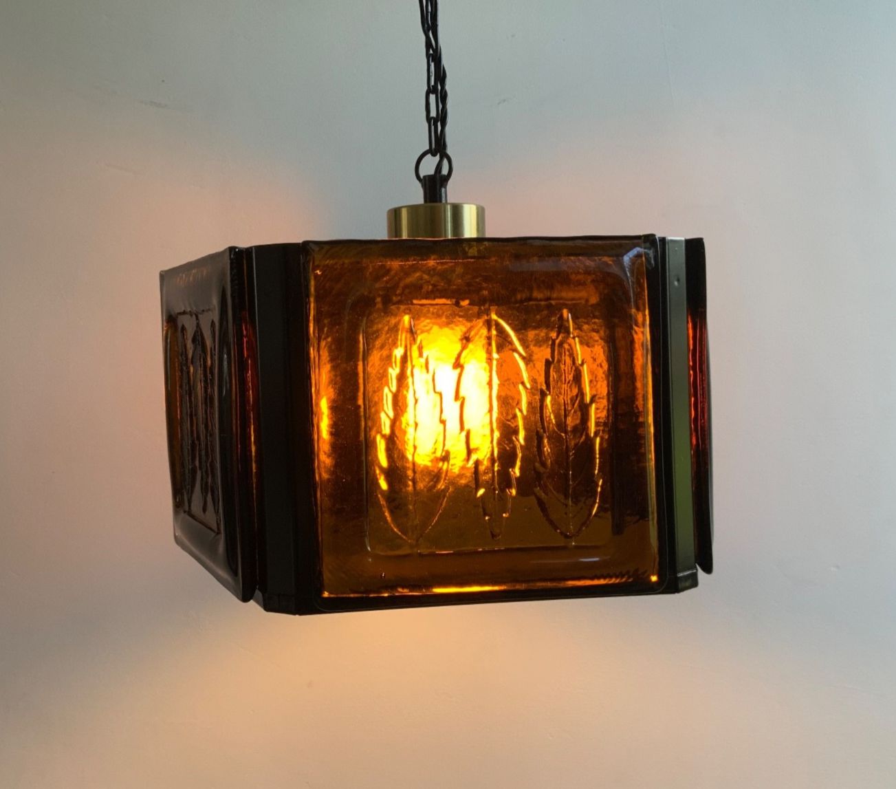 photo vinterior Mid Century Modern Erik Hoglund Amber Ceiling Lamp Glass Kosta Boda 1970s