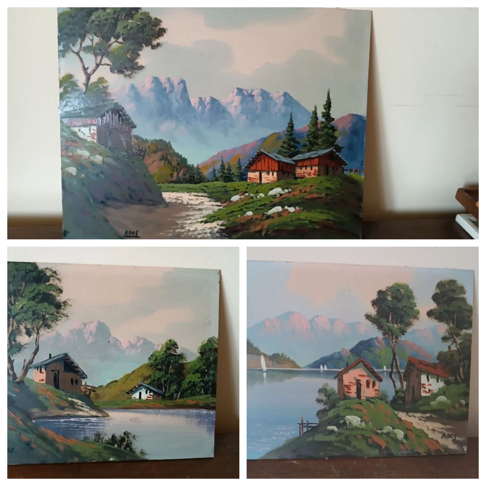 3 Oil Paintings On Faesite 1950s Signed Roos Mountain Landscape Mountain