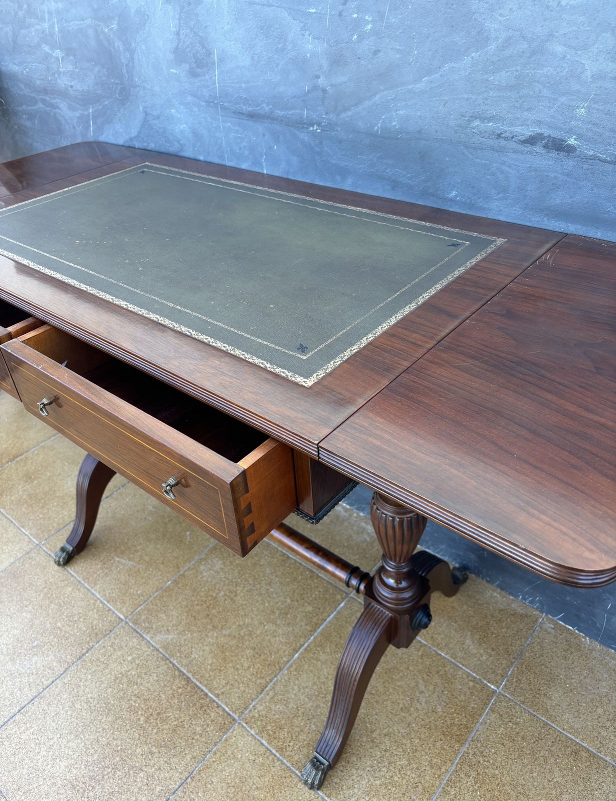 Spanish Regency Revival Drop Leaf Writing Table With Leather Top, 1940s photo vintage