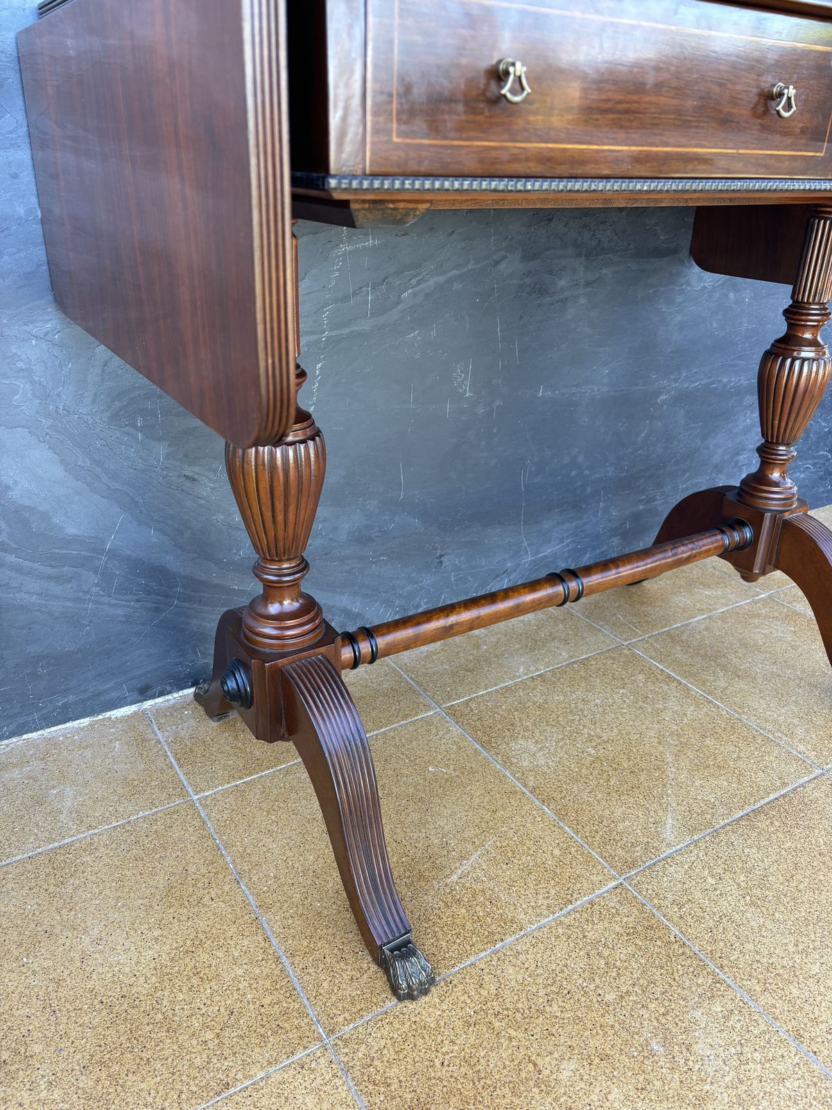photo for sale Spanish Regency Revival Drop Leaf Writing Table With Leather Top, 1940s