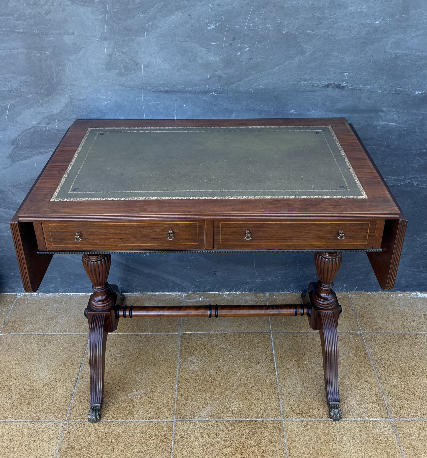 Furniture Spanish Regency Revival Drop Leaf Writing Table With Leather Top, 1940s photo