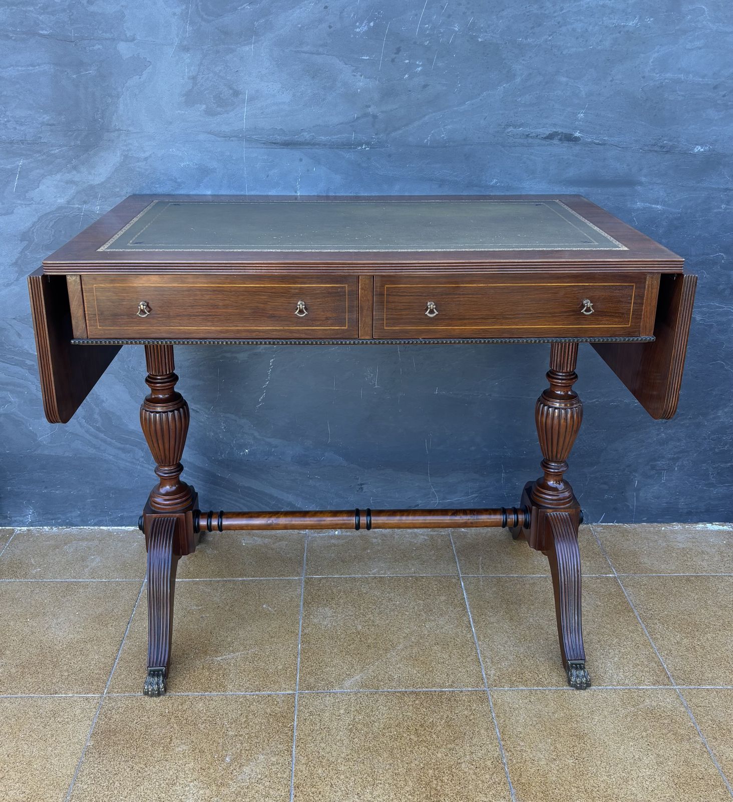 photo buy Spanish Regency Revival Drop Leaf Writing Table With Leather Top, 1940s