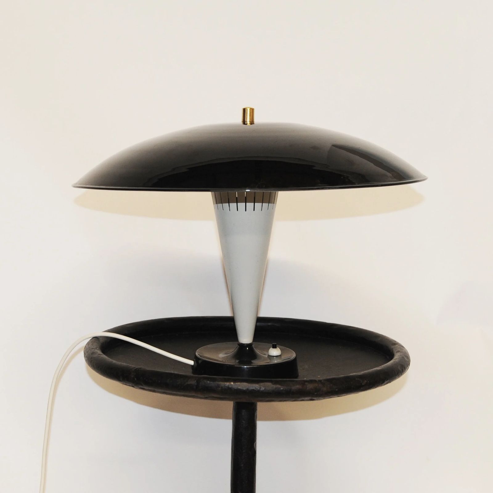 Vintage Mid Century Black & White Conical Saucer Shade Desk Lamp, 1960s