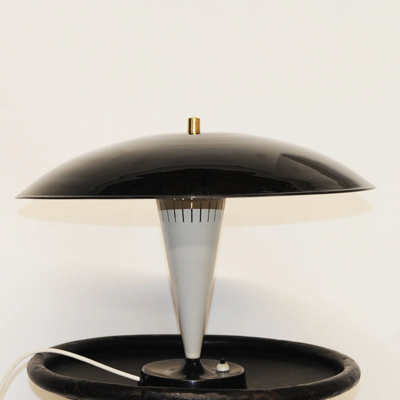Vintage Mid Century Black & White Conical Saucer Shade Desk Lamp, 1960s photo furniture
