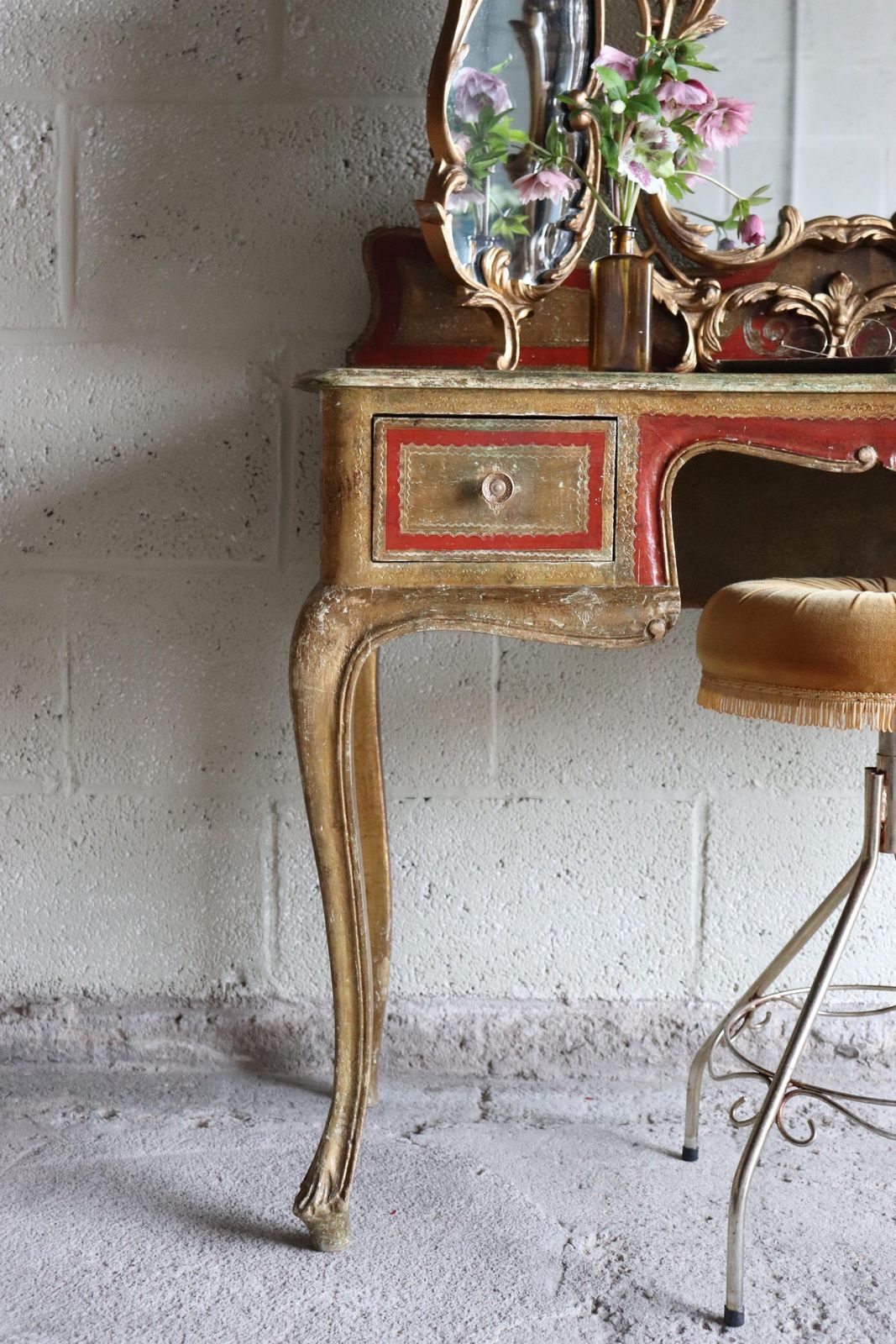 Striking Vintage Gold Florentine Two Drawer Dressing Table Or Writing Desk photo for sale