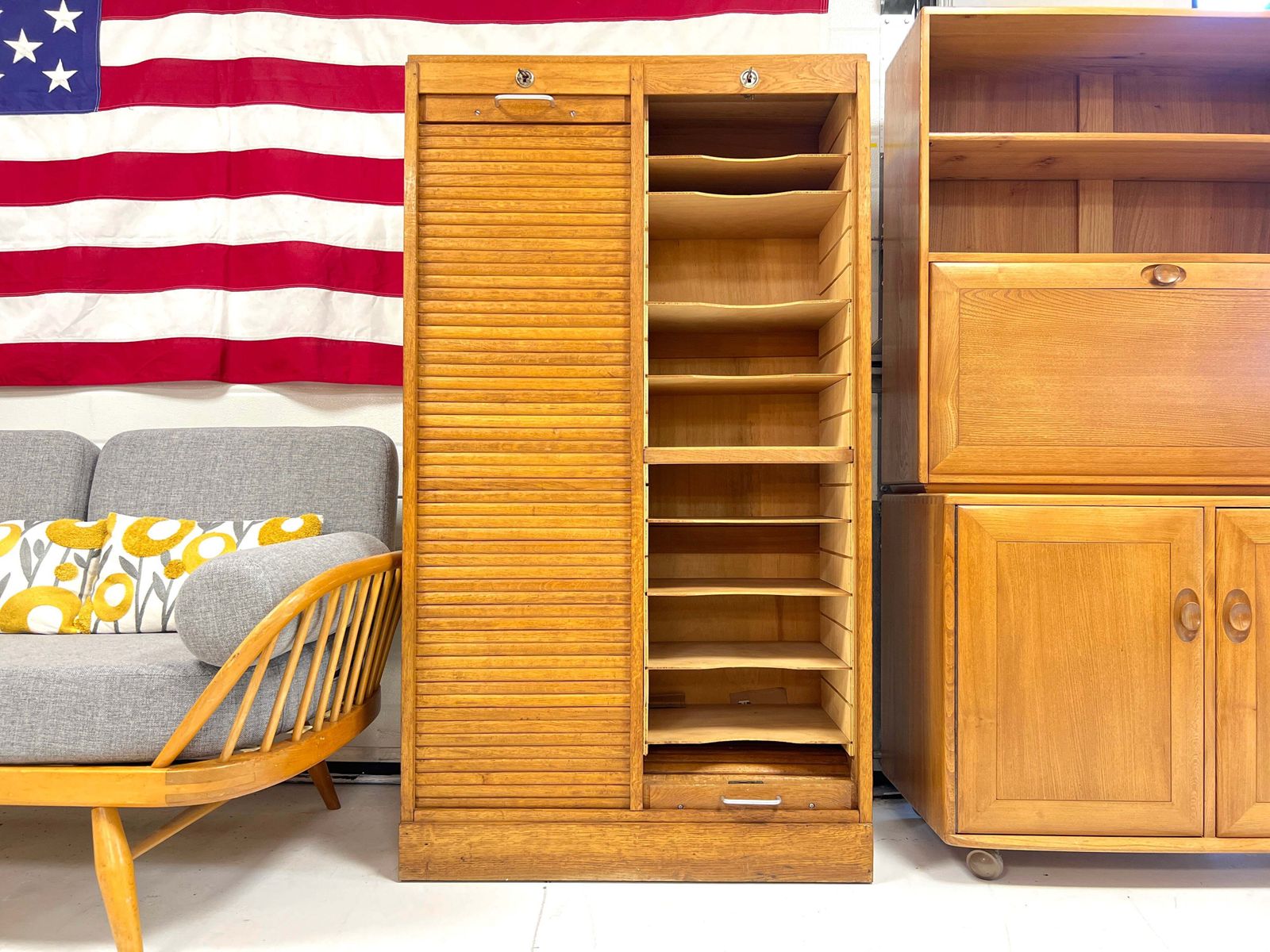 photo furniture 20th Century Oak Double Tambour Front Filing Cabinet