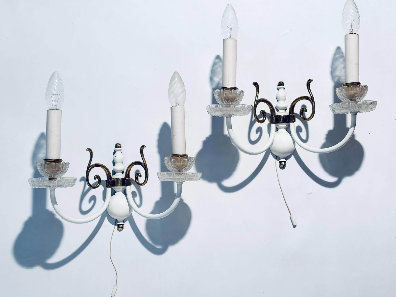 Two Vintage Wall Lamps With Candle Chandelier Motif Arms White Brass / Elegant Decor