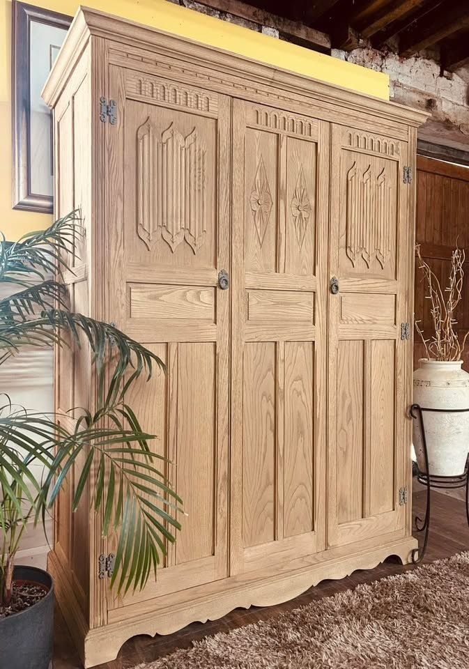 Stripped & Waxed Old Charm Oak Triple Wardrobe With Full Width Hanging And Internal Mirrors.