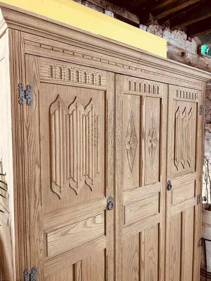 Stripped & Waxed Old Charm Oak Triple Wardrobe With Full Width Hanging And Internal Mirrors. photo furniture